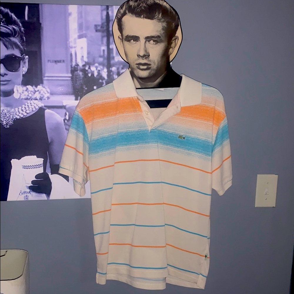 Lacoste White/Blue/Orange striped polyester Golf Polo Shirt EUC